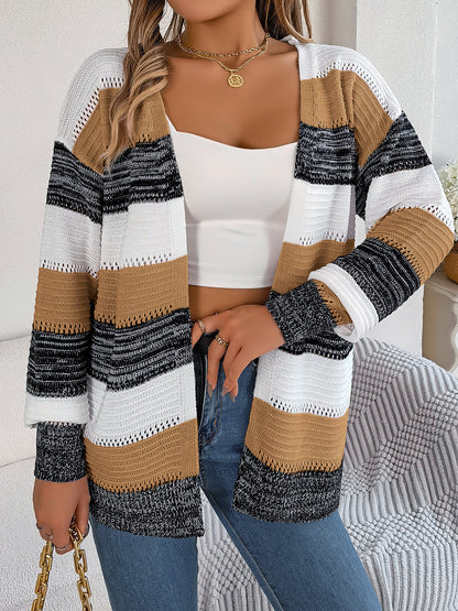 Sarah Express Women's Color Block Stripe Cardigan Sweater with Lantern Sleeves Khaki