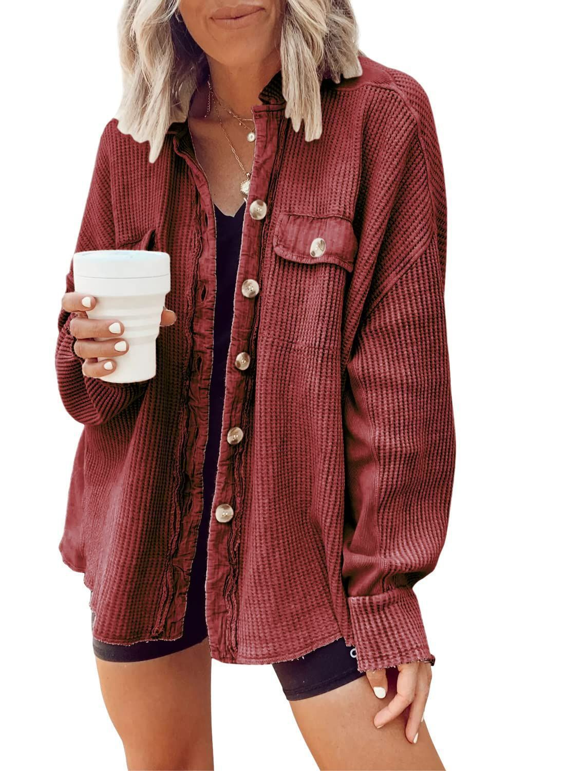 Sarah Express Patchwork Irregular Shirt Jacket Loose Fit Long Sleeve Acrylic Outerwear