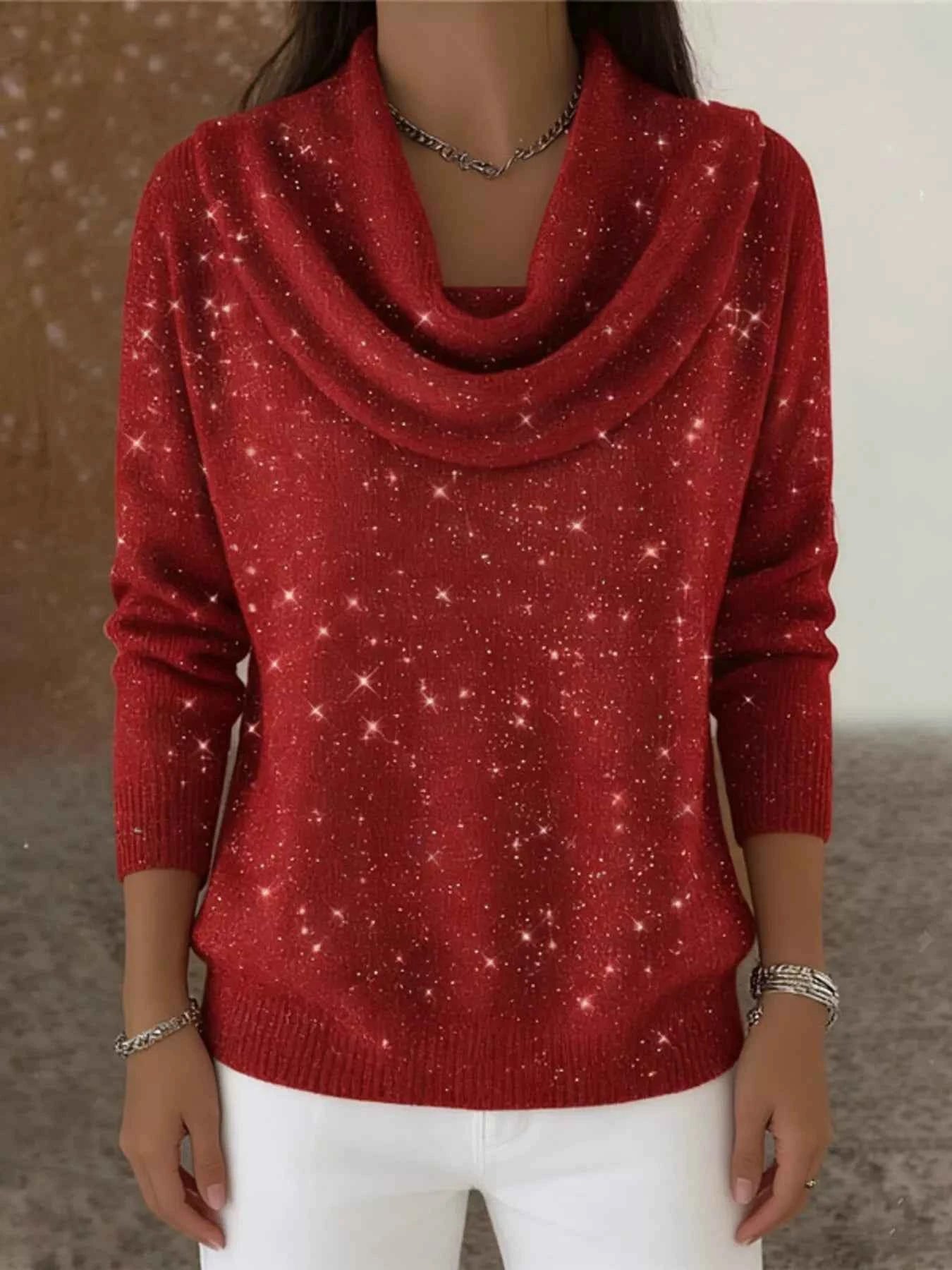 Sarah Express Women's Glitter Cowl Neck Long Sleeve Sweater Plus Size