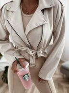 Sarah Express Women's Zip Up Cropped Jacket - Buttoned Belted Outerwear Apricot