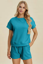 Sarah Express Women’s Plus Size Textured Top and Shorts Lounge Set
