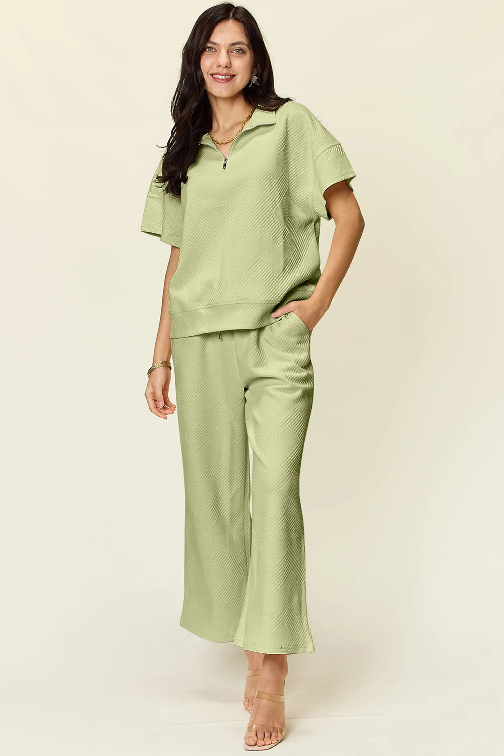 Sarah Express Women’s Plus Size Textured Half Zip Top and Pants Set
