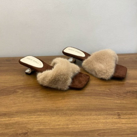 Sarah Express French-Style Chic Fluffy Slippers for Women | Square Toe Slip-On House Shoes | Purple, White & Apricot