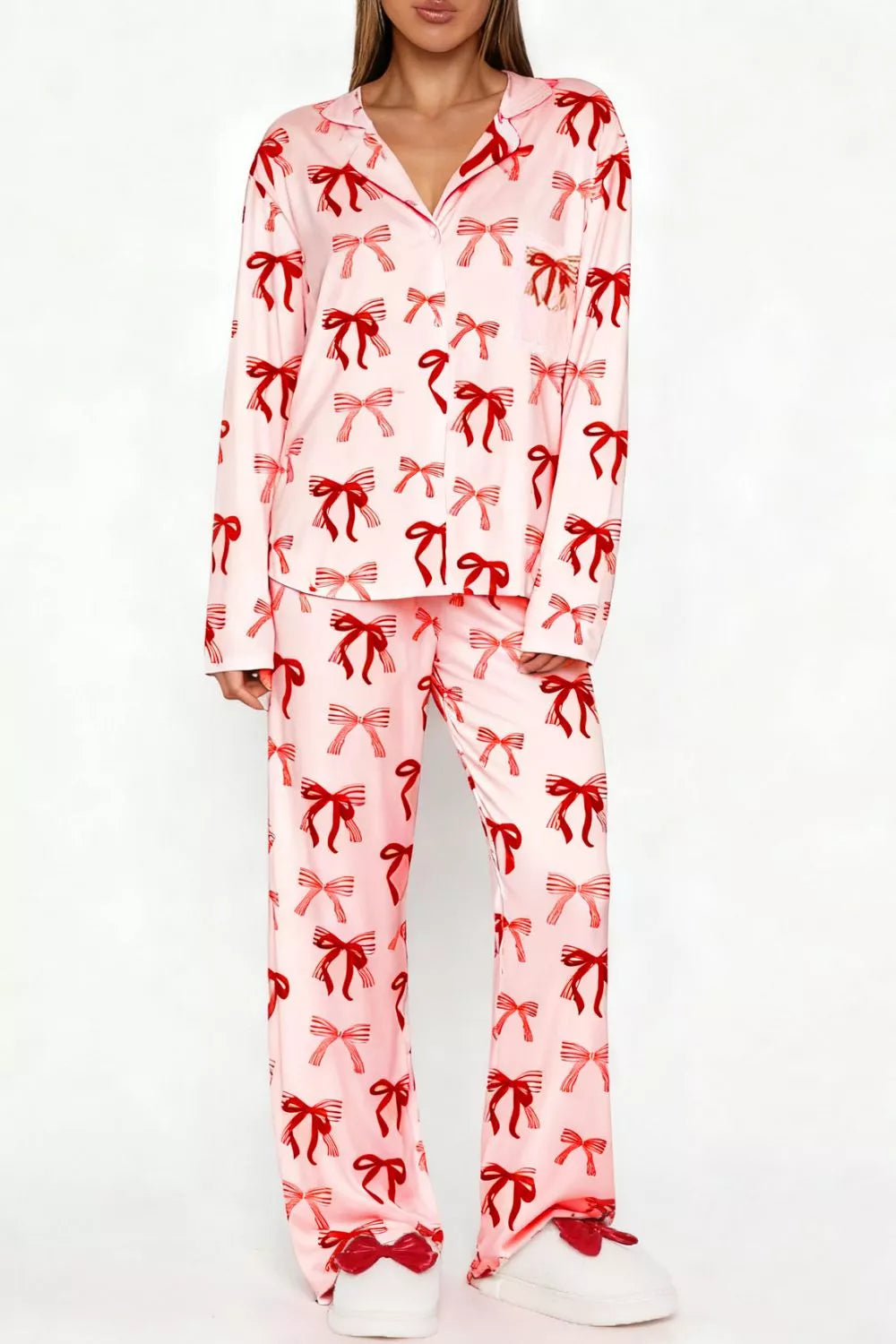 Sarah Express Women's Bow Print Lounge Set - Button-Up Top and Wide Leg Pants Pink