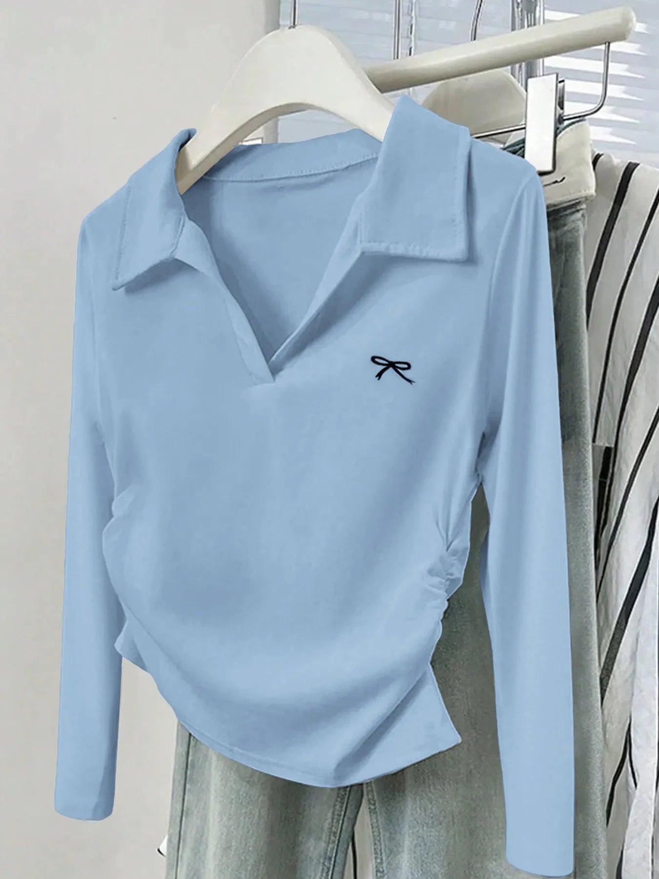 Sarah Express Women's Johnny Collar Long Sleeve T-Shirt - Basic Stretch Top