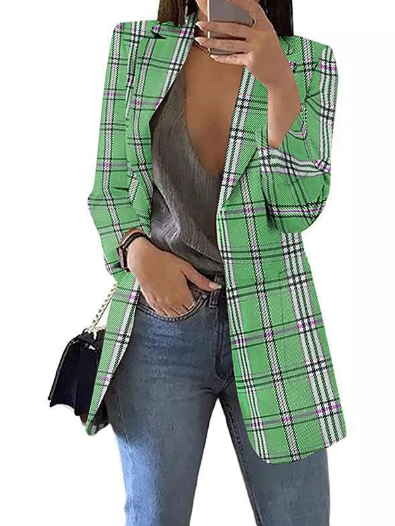 Sarah Express Women's Plaid Lapel Collar Blazer Green