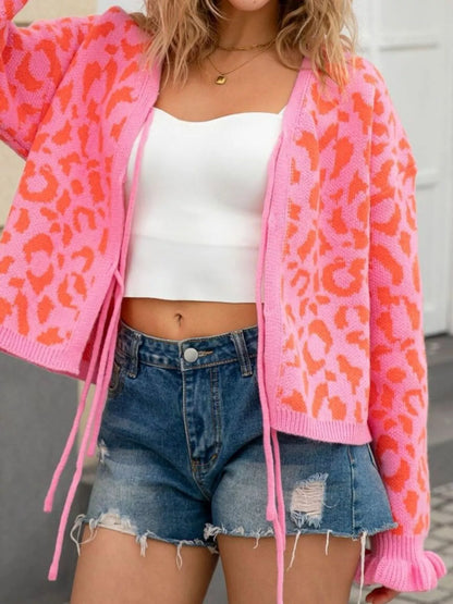 Sarah Express Women's Leopard Print Tie-Front Cardigan with Ruffle Trim