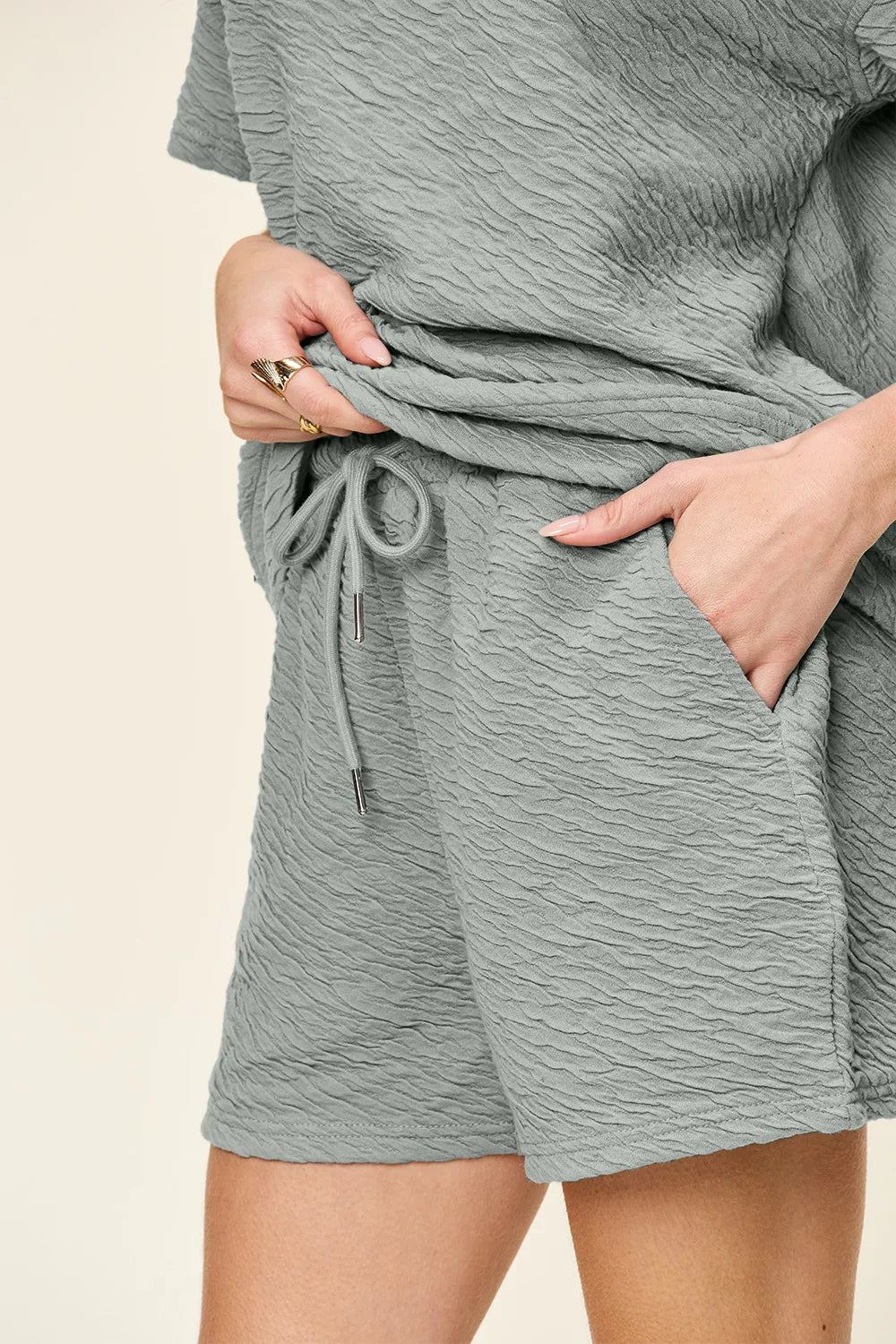 Sarah Express Women's Textured Short Sleeve T-Shirt and Drawstring Shorts Set