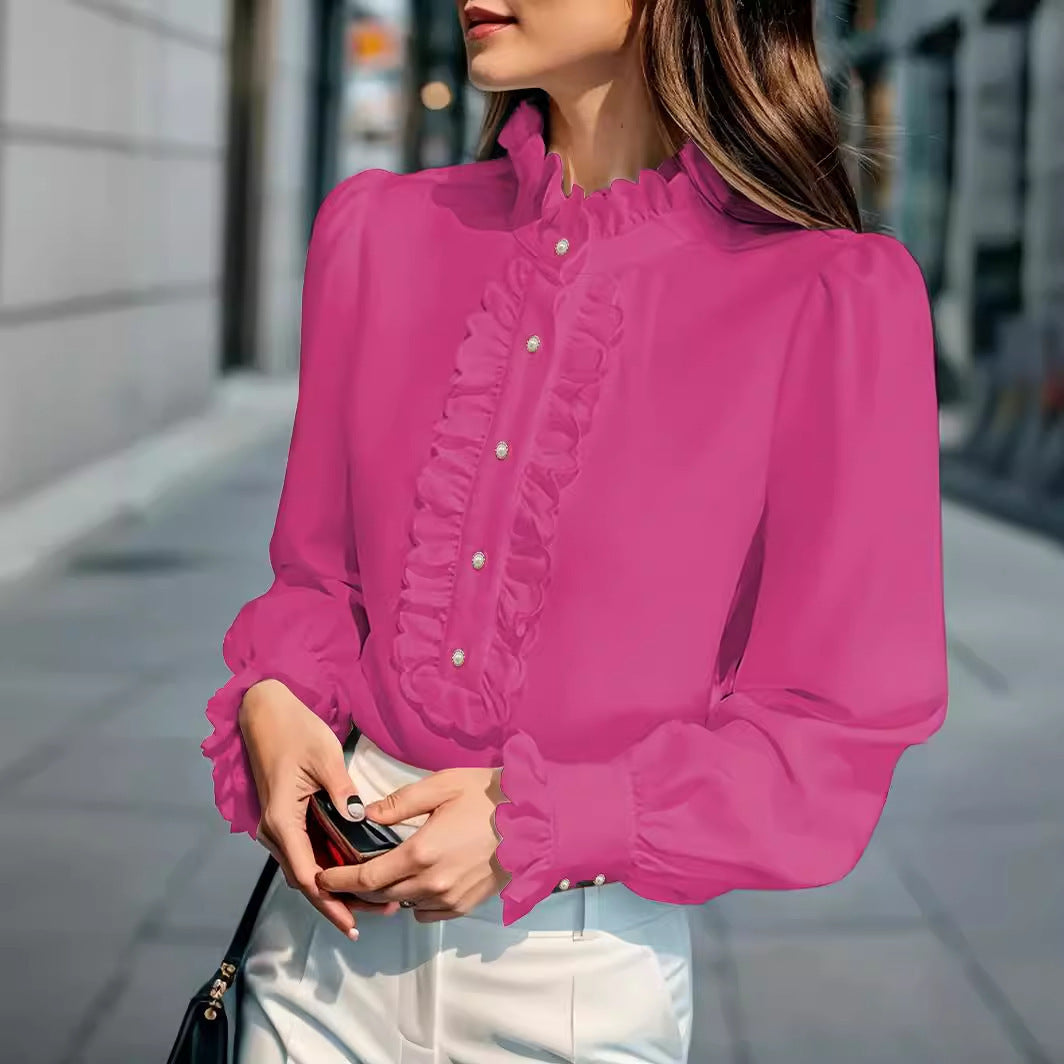 Sarah Express Women's Ruffled Cardigan Shirt Long Sleeve Button Front