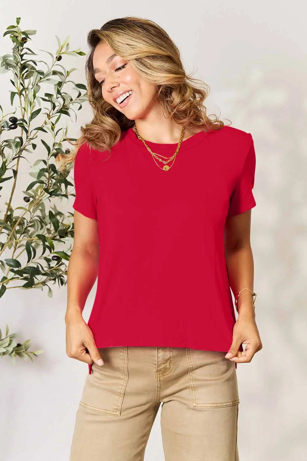 Sarah Express Women's Round Neck Short Sleeve T-Shirt Red