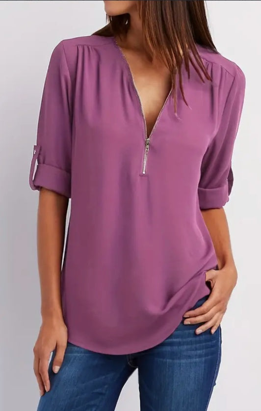 Sarah Express Ruched Half Zip V-Neck Blouse with Rollable Sleeves