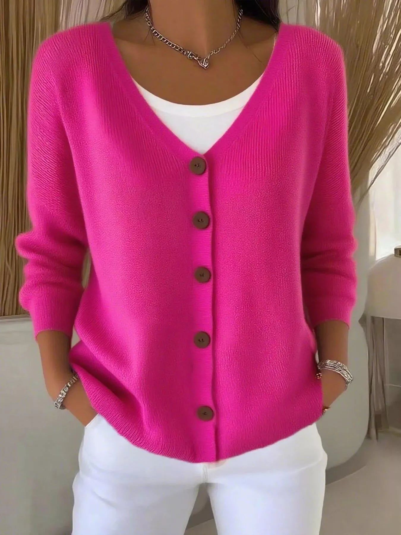 Sarah Express Women's V-Neck Button-Down Knit Cardigan Plus Size Fuchsia Pink