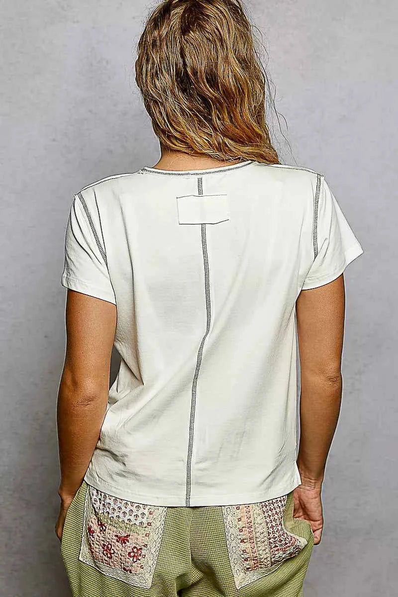 Sarah Express Women's Contrast Stitching Round Neck Short Sleeve T-Shirt