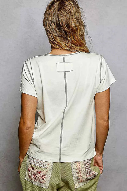 Sarah Express Women's Contrast Stitching Round Neck Short Sleeve T-Shirt