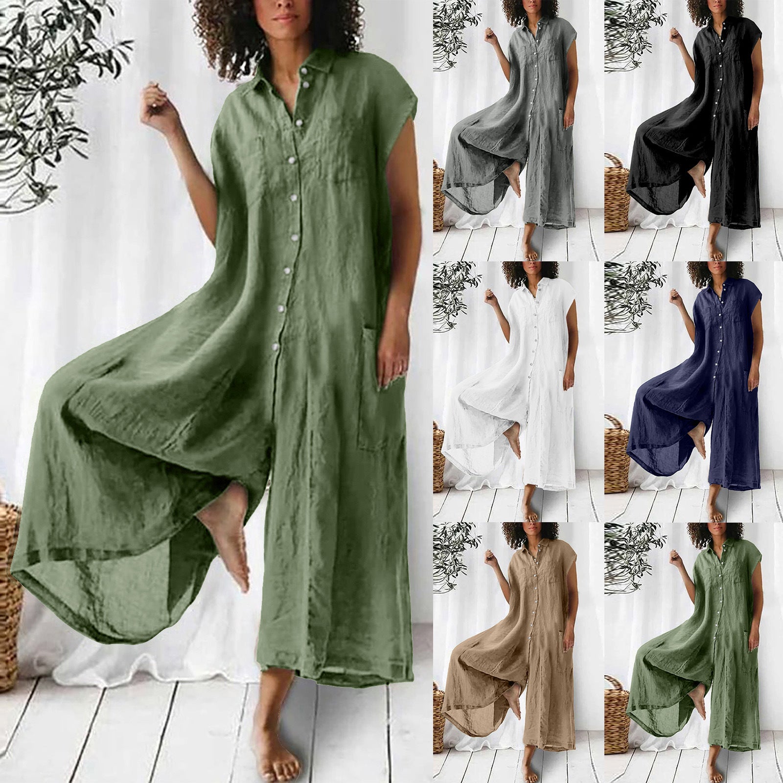 Sarah Express Short Sleeve Mid-Length Linen Jumpsuit Casual