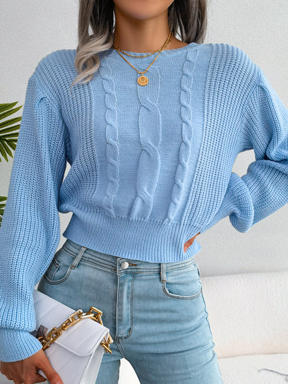 Sarah Express Women's Cable Knit Lantern Sleeve Cinched Sweater - Cozy Pullover Top Blue