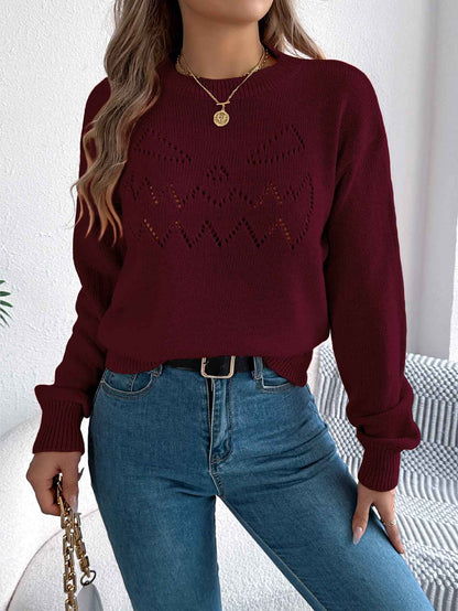 Sarah Express Women's Hollow Out Lantern Sleeve Pullover Sweater - Solid Color Knit Top