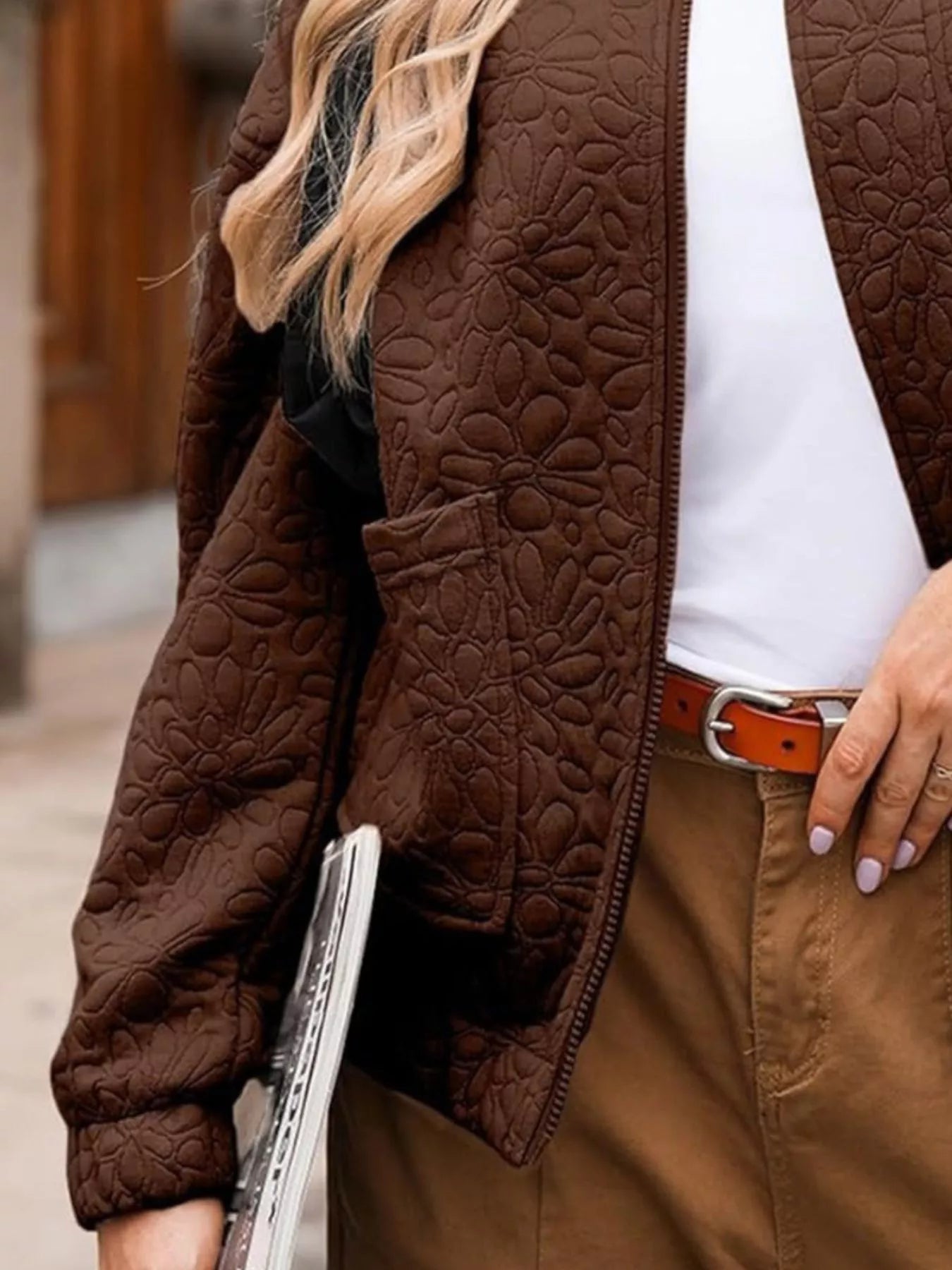 Sarah Express Women's Floral Quilted Zip Up Jacket Plus Size