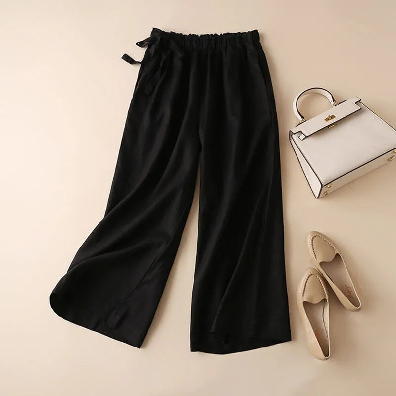 Sarah Express High Waist Lace-Up Cropped Pants Women's Elastic Waist Retro Cotton Casual Bottoms