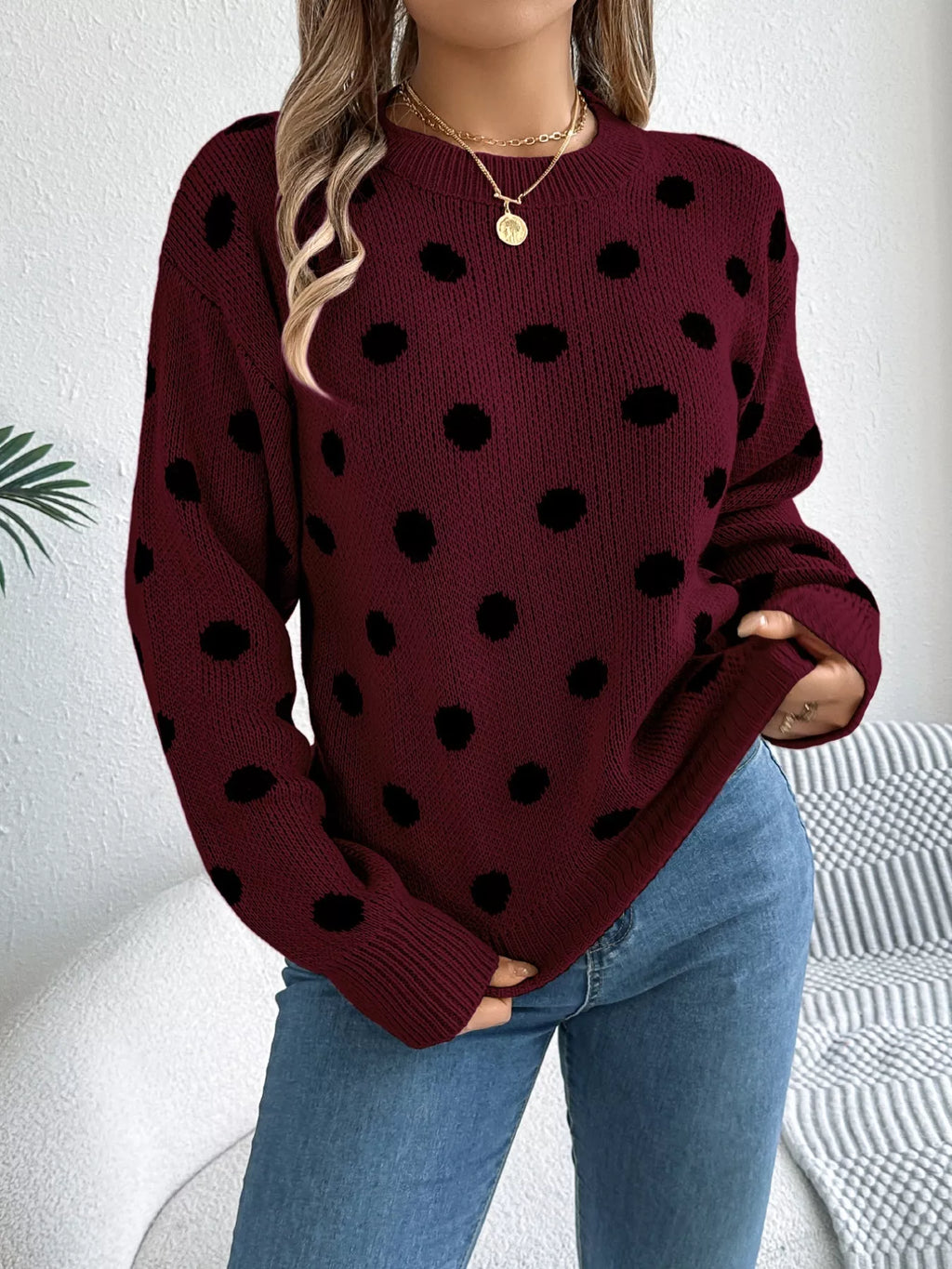 Sarah Express Women's Polka Dot Round Neck Sweater