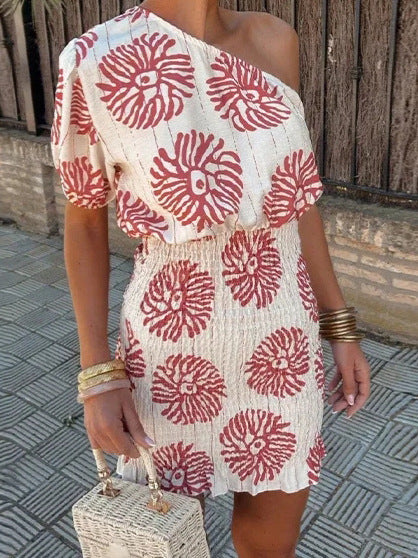 Sarah Express One Shoulder Printed Dress Red Asymmetric A-Line Party Dress