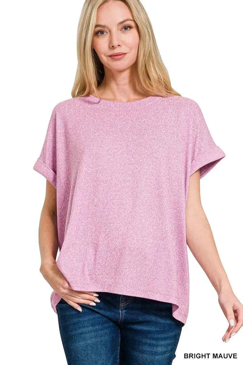 Sarah Express Women's Soft Melange Hacci Short Sleeve Round Neck Top - Comfortable Everyday Wear BRIGHT MAUVE