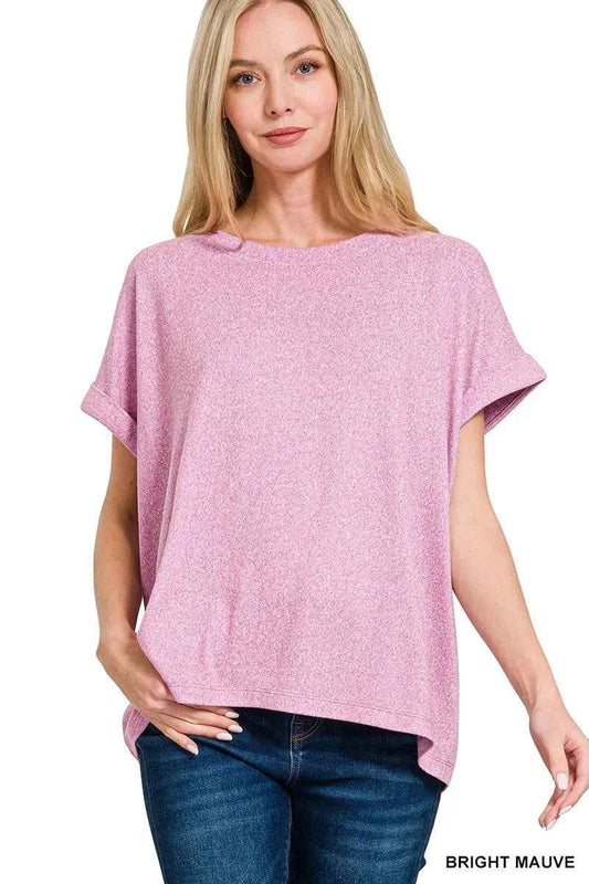 Sarah Express Women's Soft Melange Hacci Short Sleeve Round Neck Top - Comfortable Everyday Wear BRIGHT MAUVE
