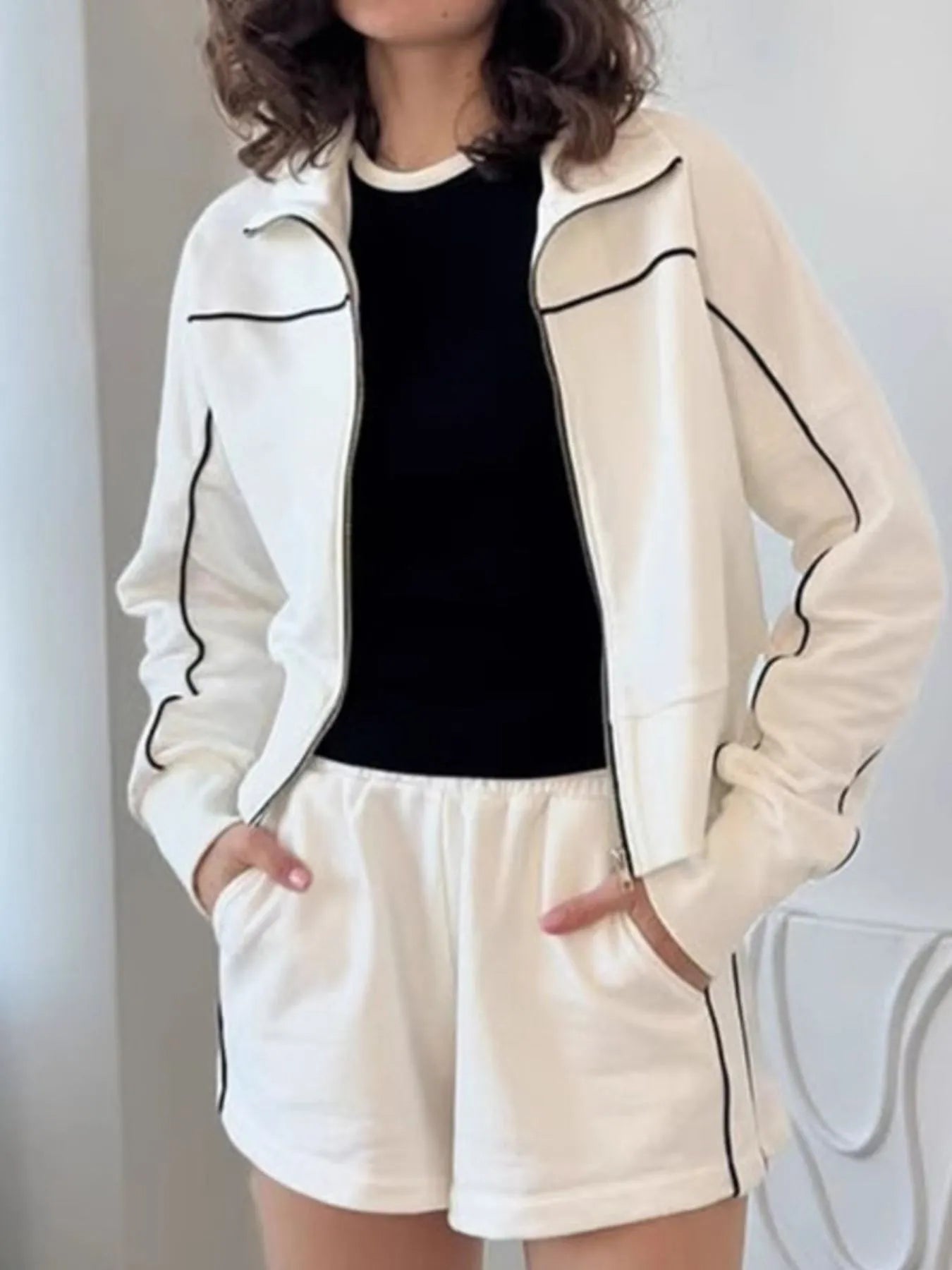 Sarah Express Women's Zip Up Long Sleeve Top and Shorts Set Ivory