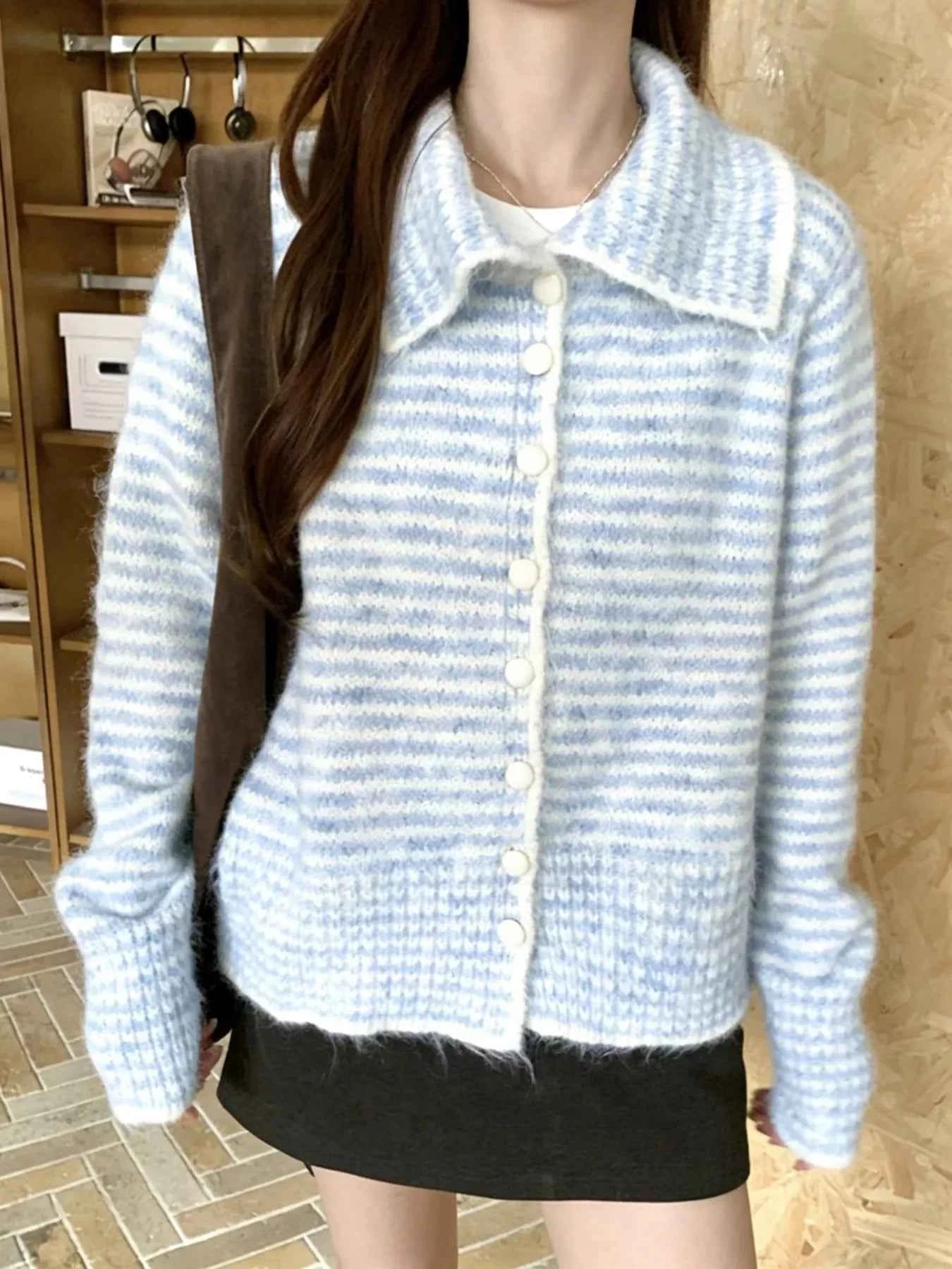 Sarah Express Women's Striped Knit Button-Down Cardigan - Cozy Acrylic Sweater