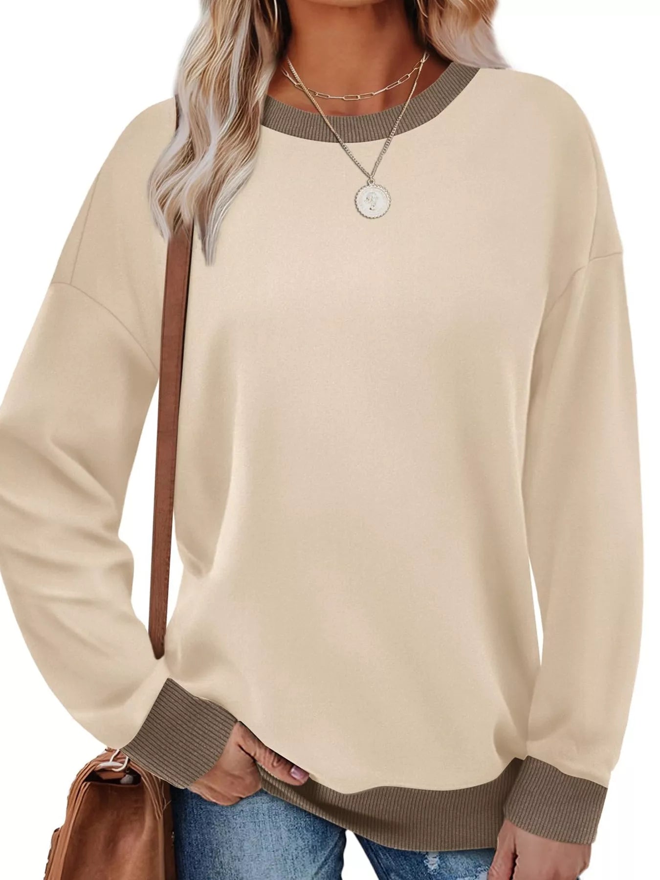 Sarah Express Women's Contrast Trim Crew Neck Casual Sweatshirt Apricot