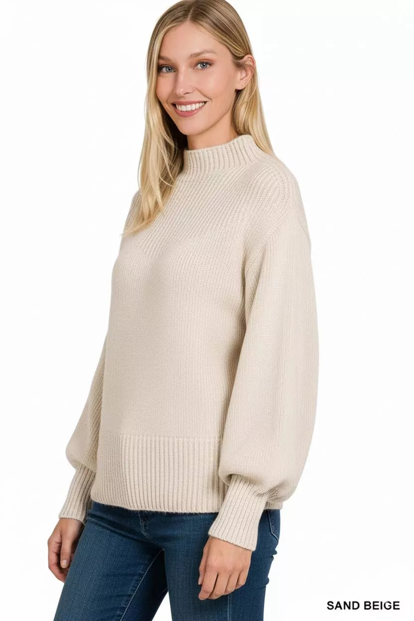 Sarah Express Women's Balloon Sleeve Mock Neck Sweater - Trendy Cozy Knitwear