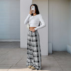 Sarah Express Plaid High-Waist Wide-Leg Pants Black and White