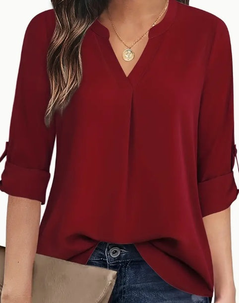 Sarah Express Solid V-Neck Blouse Long Sleeve Relaxed Fit Casual Top