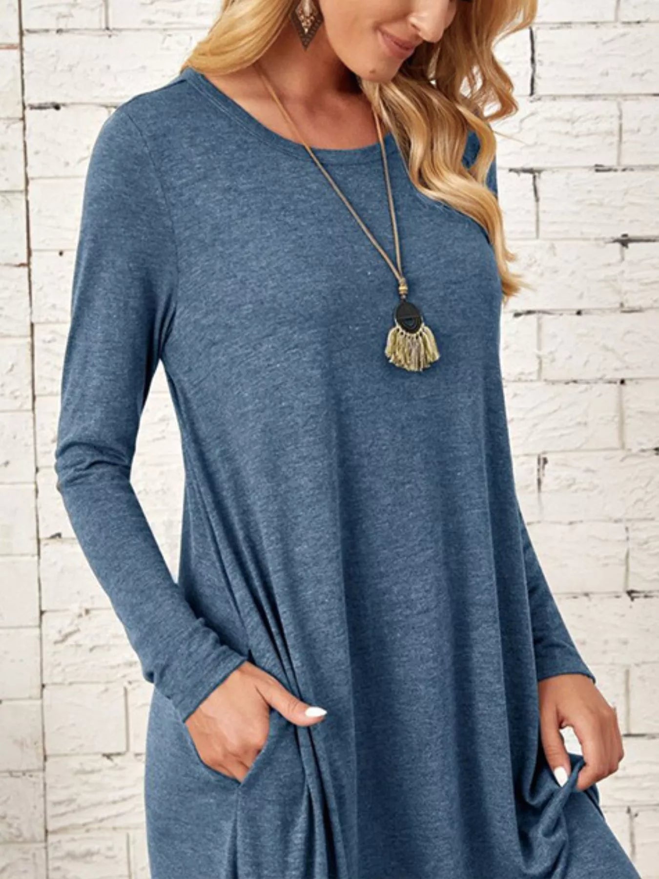 Sarah Express Women's Casual Long Sleeve Pocket Midi Dress