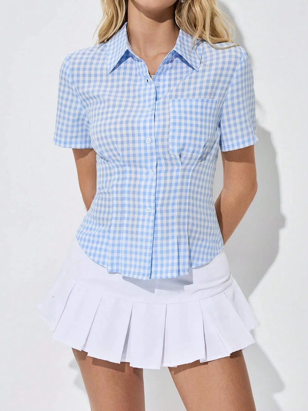 Sarah Express Women's Gingham Short Sleeve Button-Up Shirt