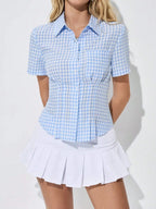 Sarah Express Women's Gingham Short Sleeve Button-Up Shirt