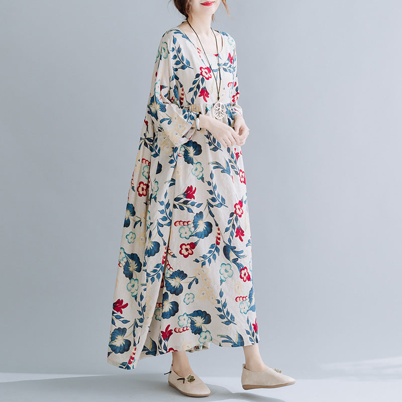 Sarah Express Women's Plus Size Cotton Linen Print Dress Loose Oversized Short Sleeve Maxi