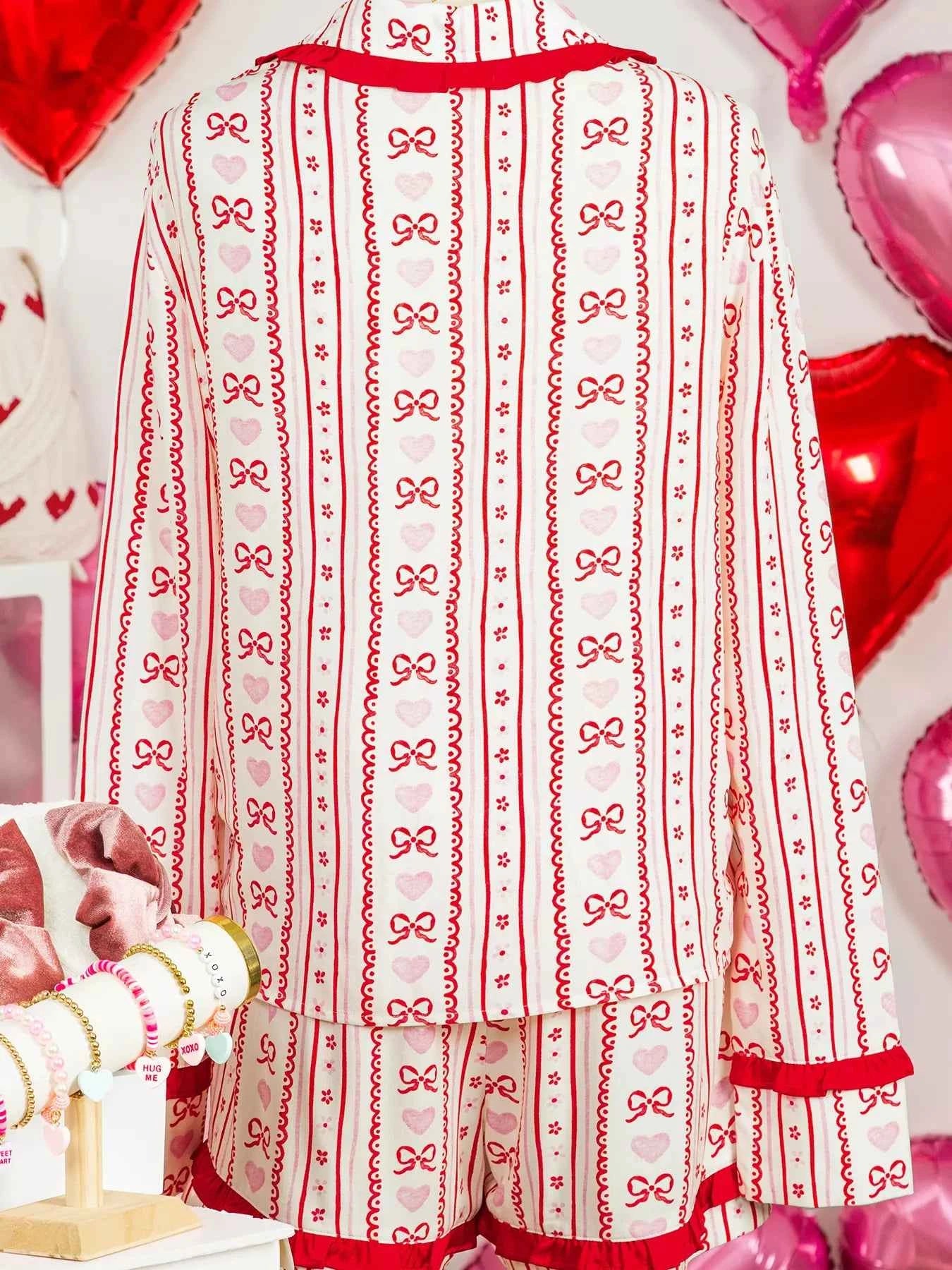 Sarah Express Women's Floral Heart Bow Print Long Sleeve Pajama Set - Two Piece Sleepwear