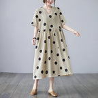 Sarah Express Women's Cotton Linen V-Neck Maxi Dress - Summer Work Casual Short Sleeve Apricot One Size