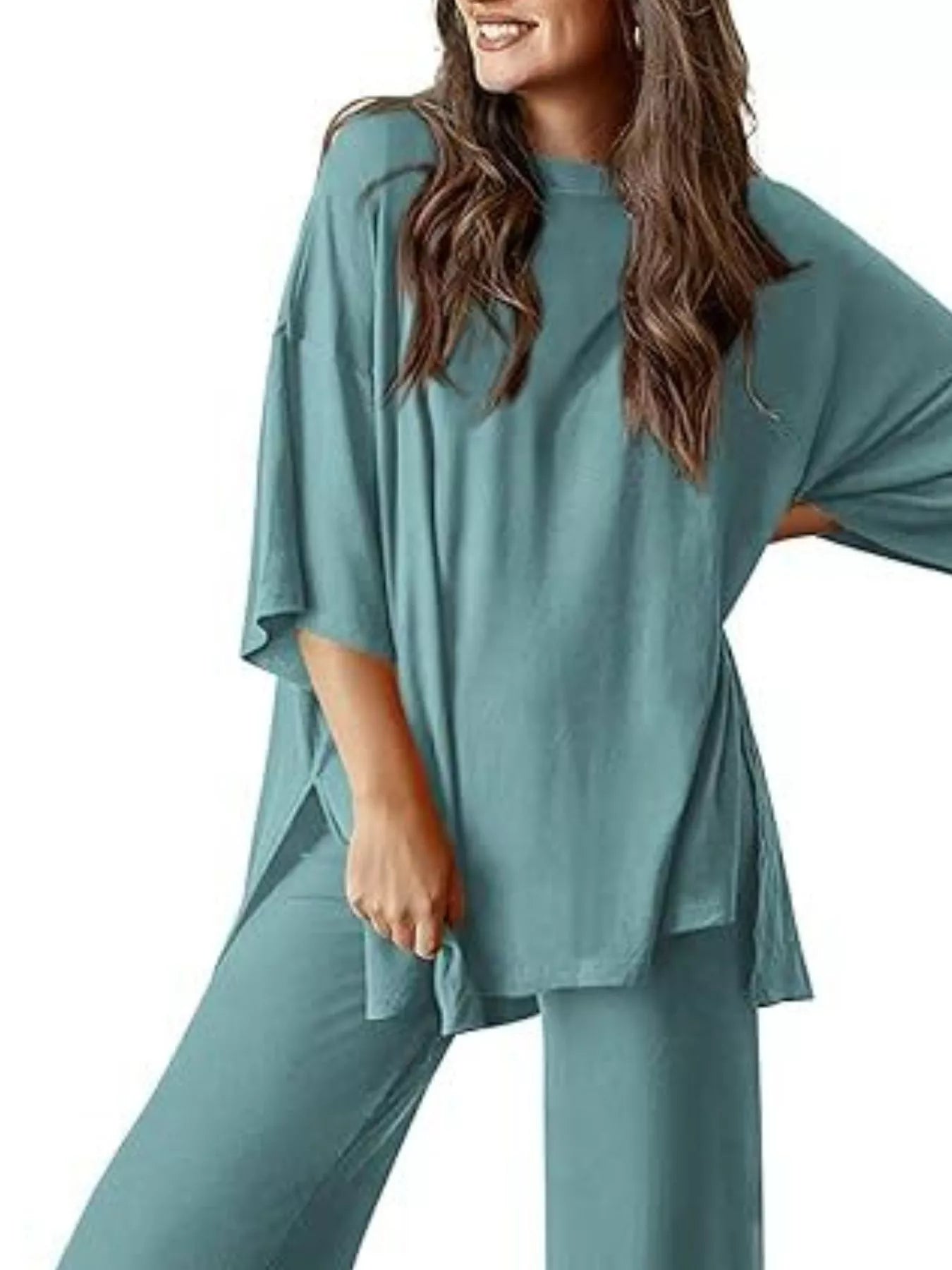 Sarah Express Relaxed Fit Round Neck Top and Pants Two-Piece Lounge Set