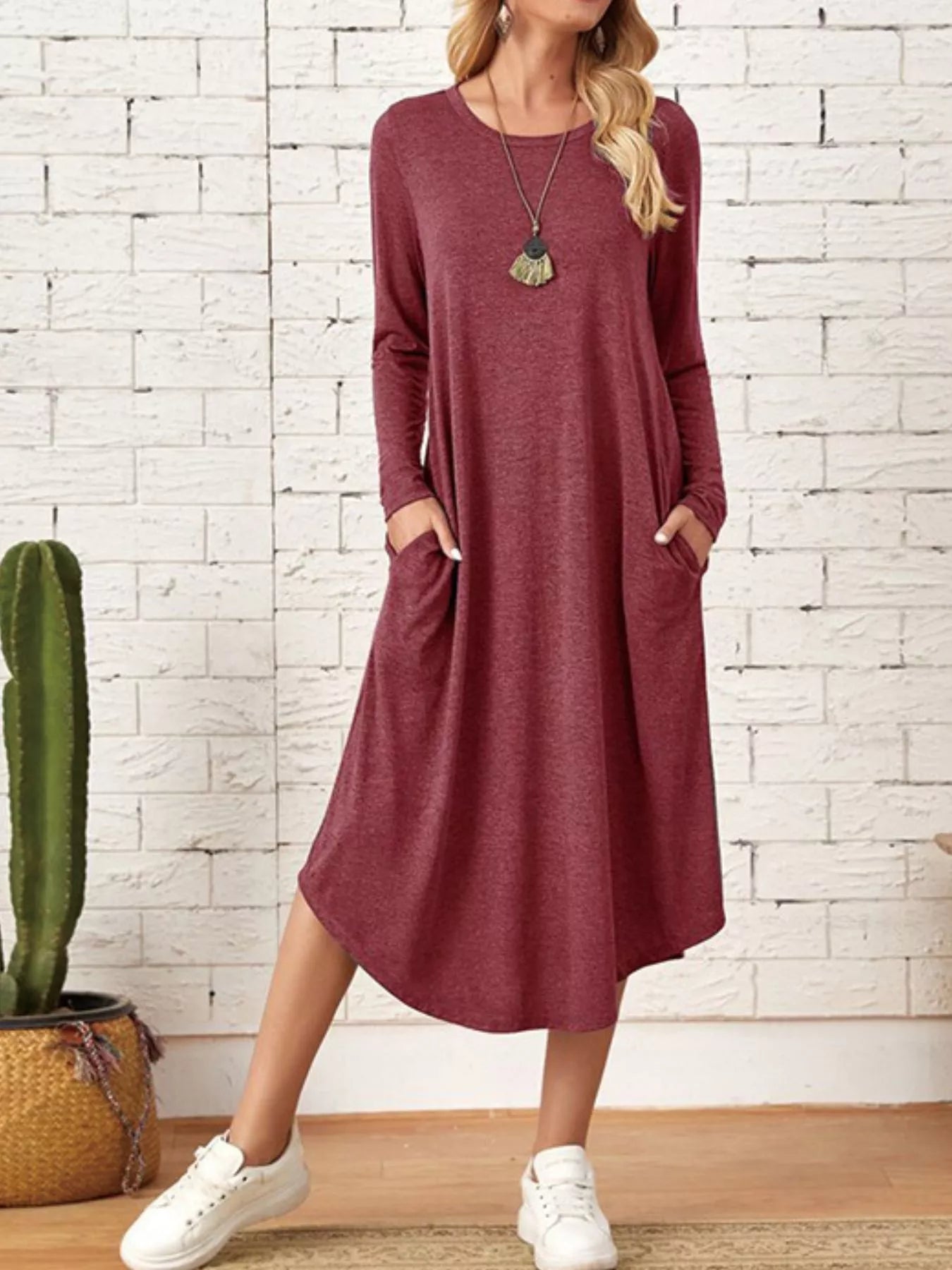 Sarah Express Women's Casual Long Sleeve Pocket Midi Dress Burgundy