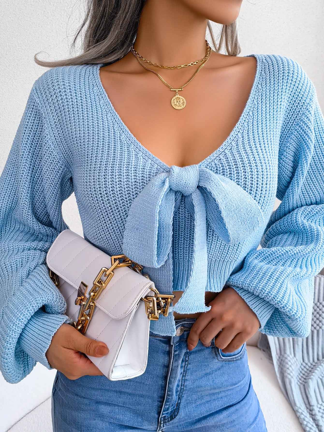 Sarah Express Women's Bow V-Neck Cropped Sweater - Lantern Sleeve Knit Top