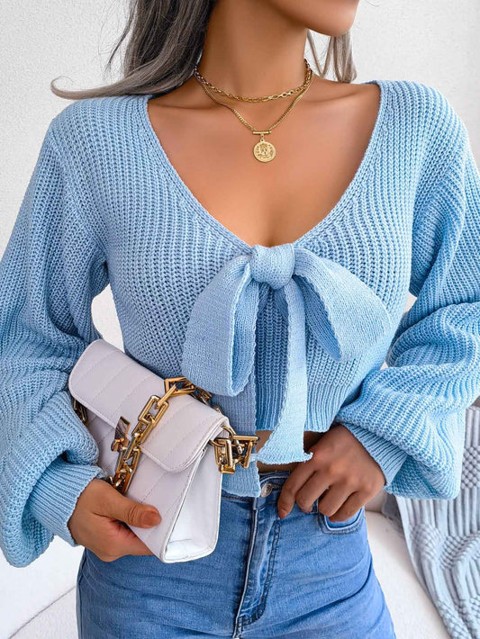 Sarah Express Women's Bow V-Neck Cropped Sweater - Lantern Sleeve Knit Top