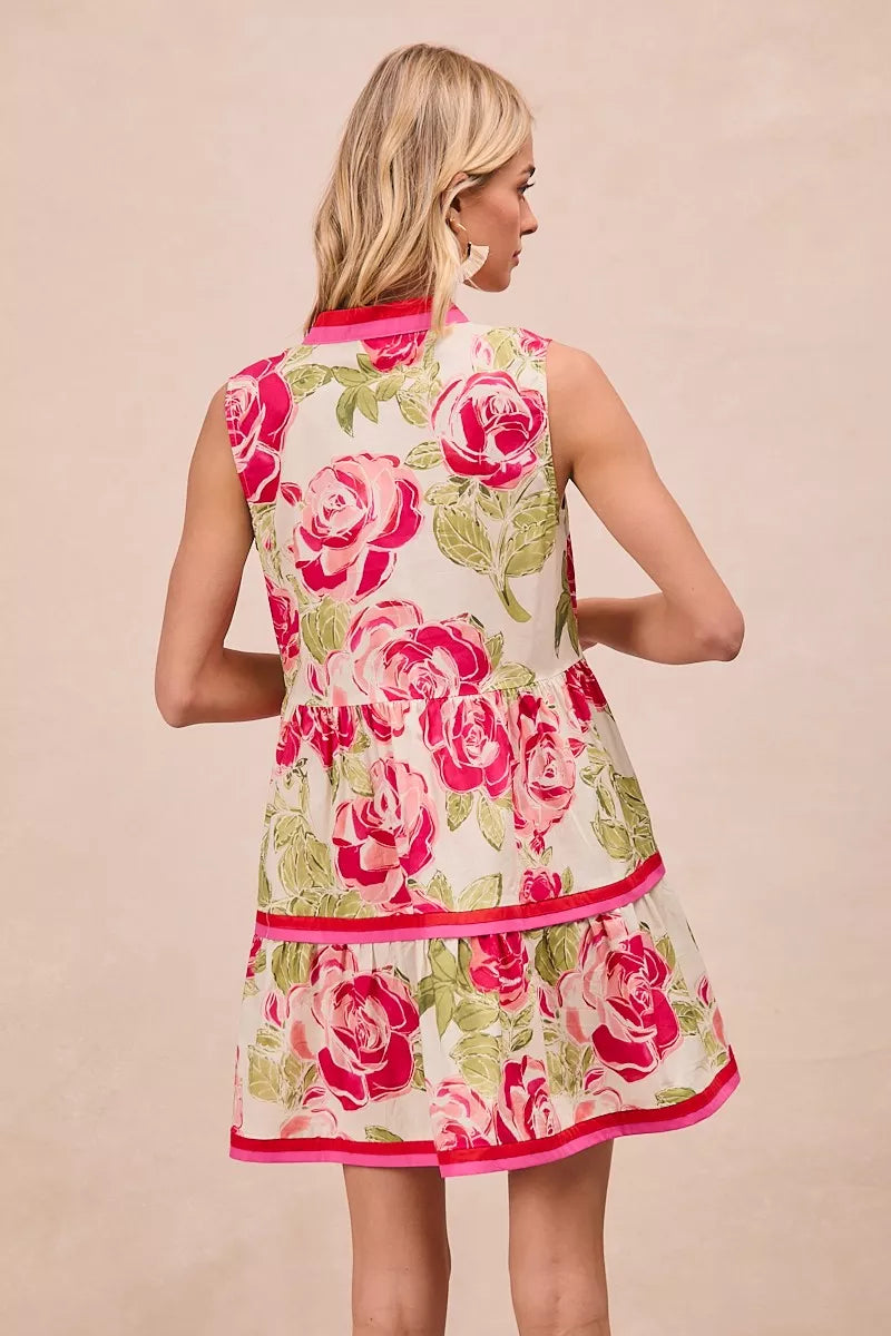 Trendsi BiBi Floral Woven Contrast Edge Tiered Ruffle Mini Dress
