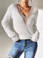 Sarah Express Women's V-Neck Hollow Knit Sweater - Openwork Design Gray white