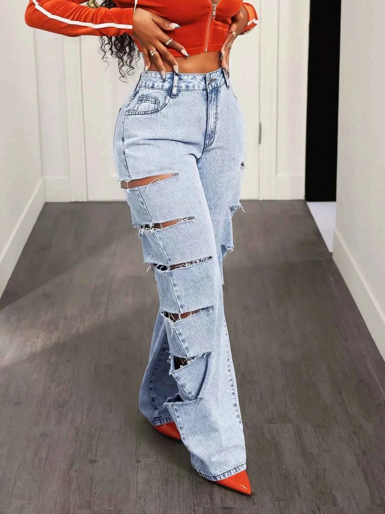 Sarah Express Women's Distressed Wide Leg Jeans - High Waist Vintage Denim Pants Blue