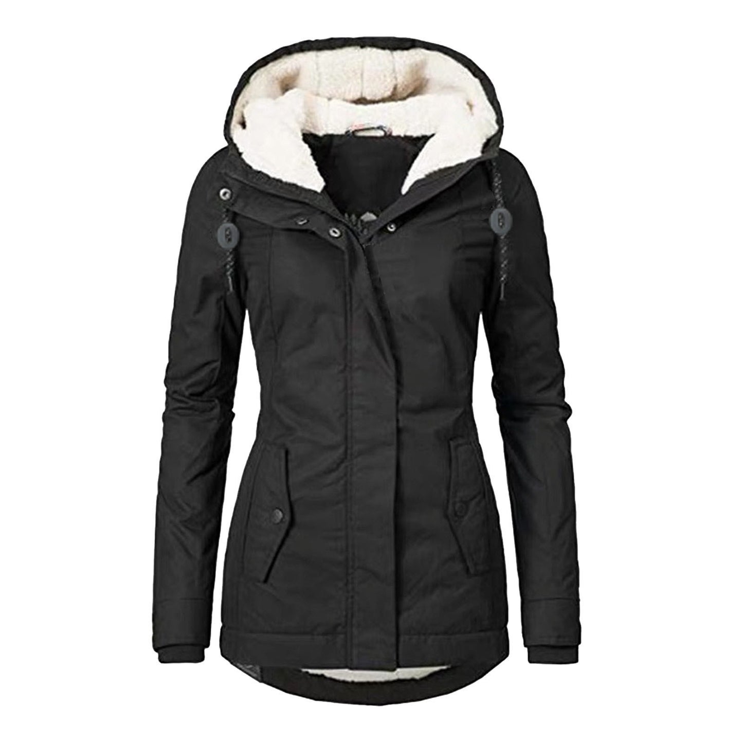Sarah Express Women's Winter Hooded Fleece Jacket - Warm Buckle Zip-Up Coat with Pockets Black Cap String Clip