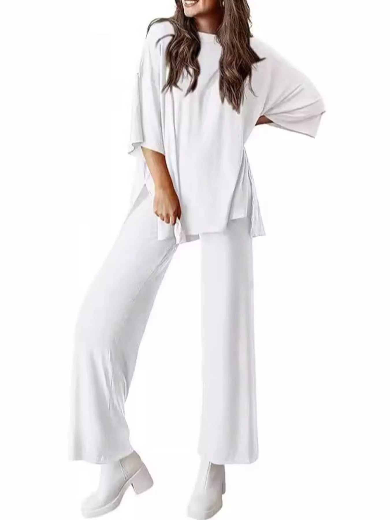 Sarah Express Relaxed Fit Round Neck Top and Pants Two-Piece Lounge Set White