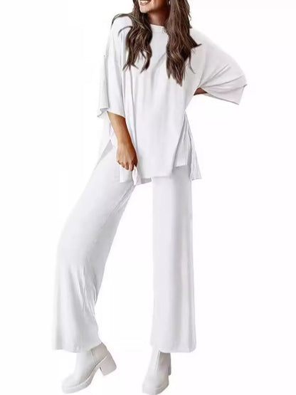 Sarah Express Relaxed Fit Round Neck Top and Pants Two-Piece Lounge Set White