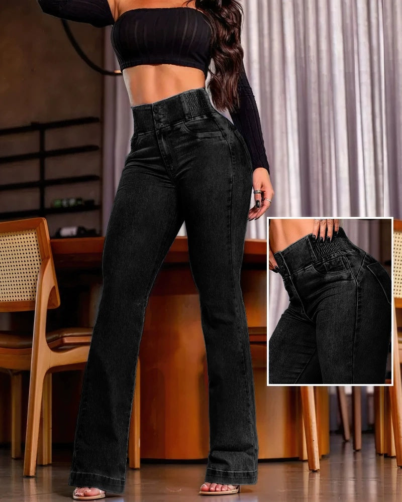 Sarah Express Women's High Waist Button Front Jeans - Elegant Casual Denim Trousers Black